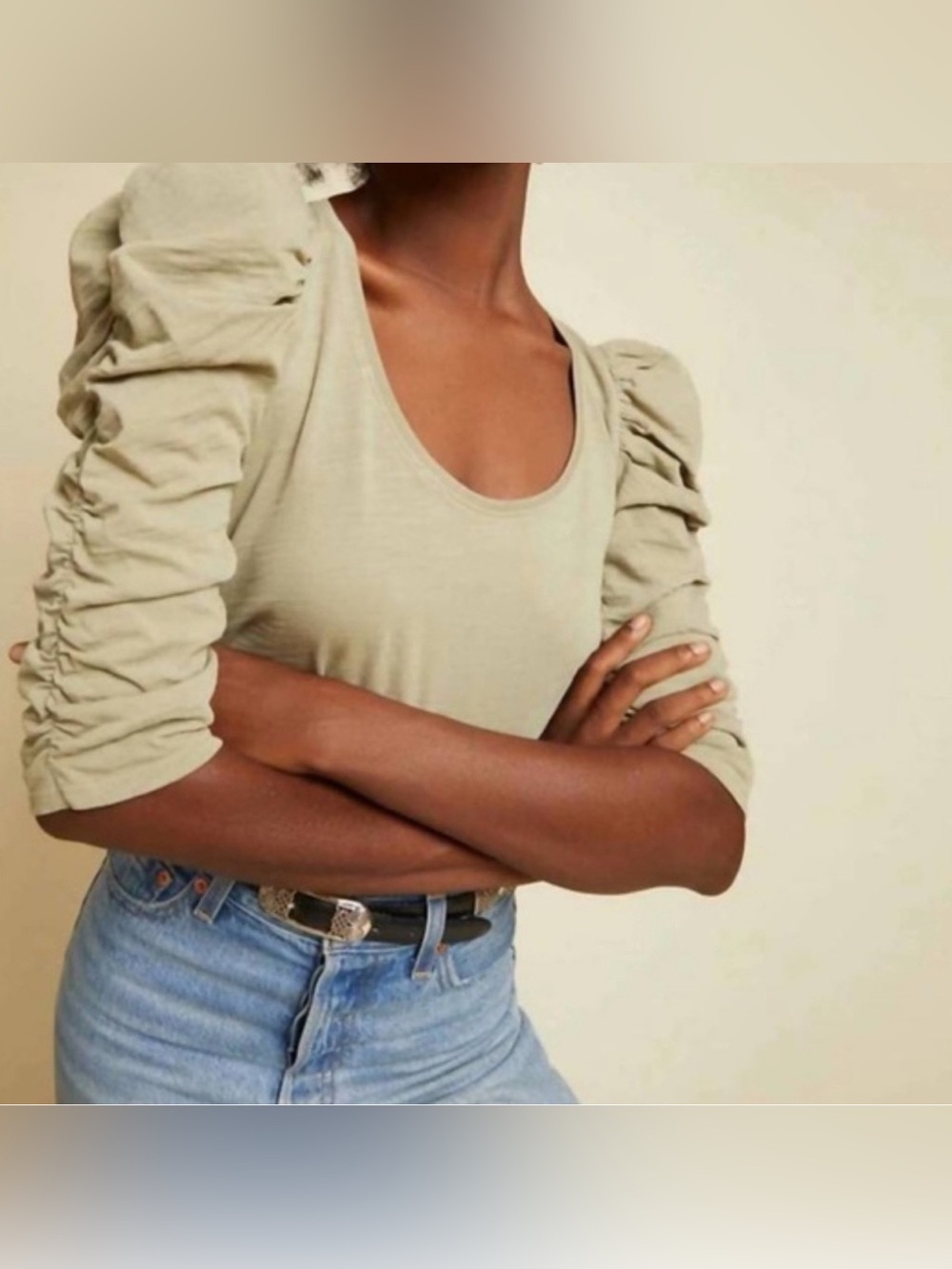 NWOT NATION LTD Small Khaki Julietta Cotton Ruched Sleeve Shirt Orig $150
